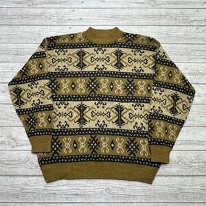 Vintage Fair Isle Sweater Men's Medium Green Lambswool Geometric Knit Pullover